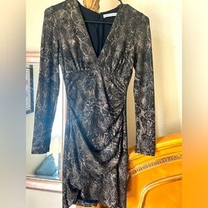 Alice & Olivia Gold Metallic Snake Print Ruched V-Neck Dress